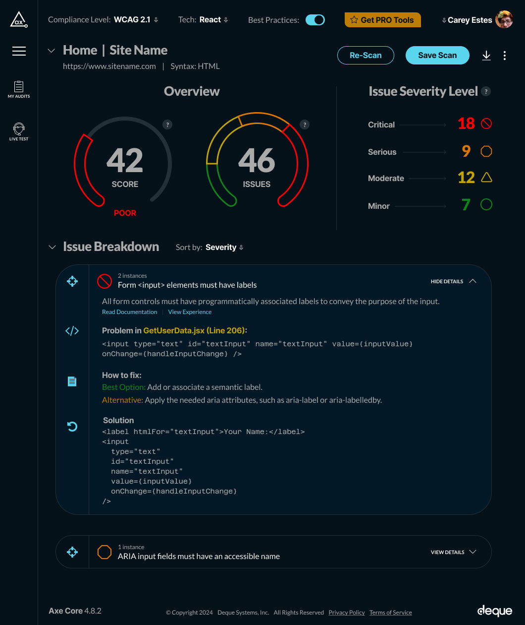 Screenshot of Axe Scanned Issue with solution generated from Artificial Intelligence