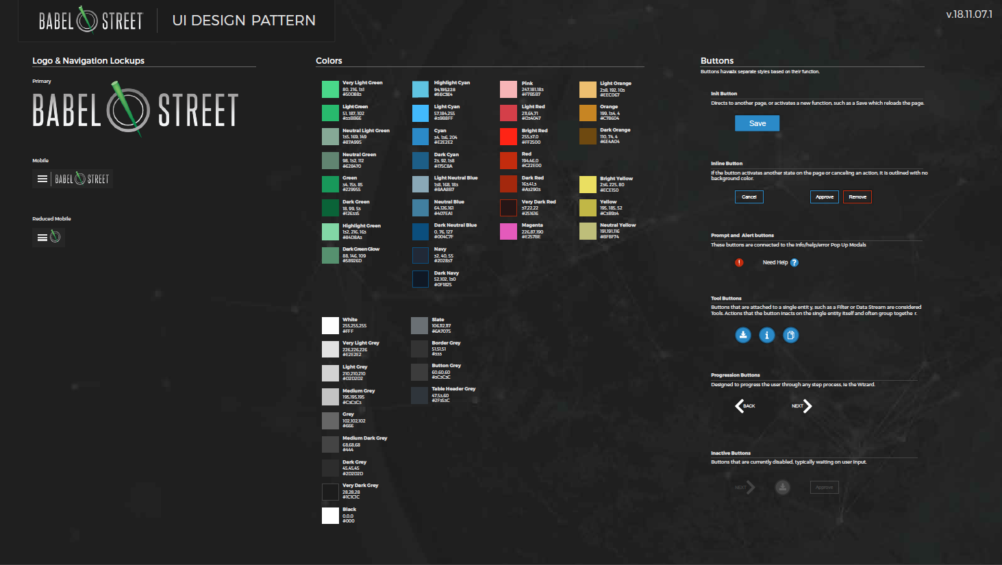 Screenshot of the Babel Street design pattern, outlining the colors and styles of the web interface.